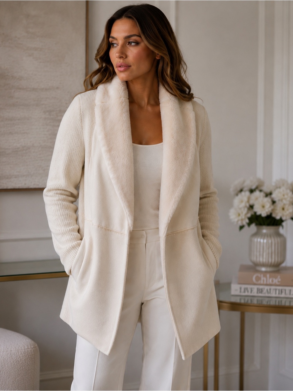Twelve by Twelve Faux Fur Trimmed Cream Cardigan Coat – Size M